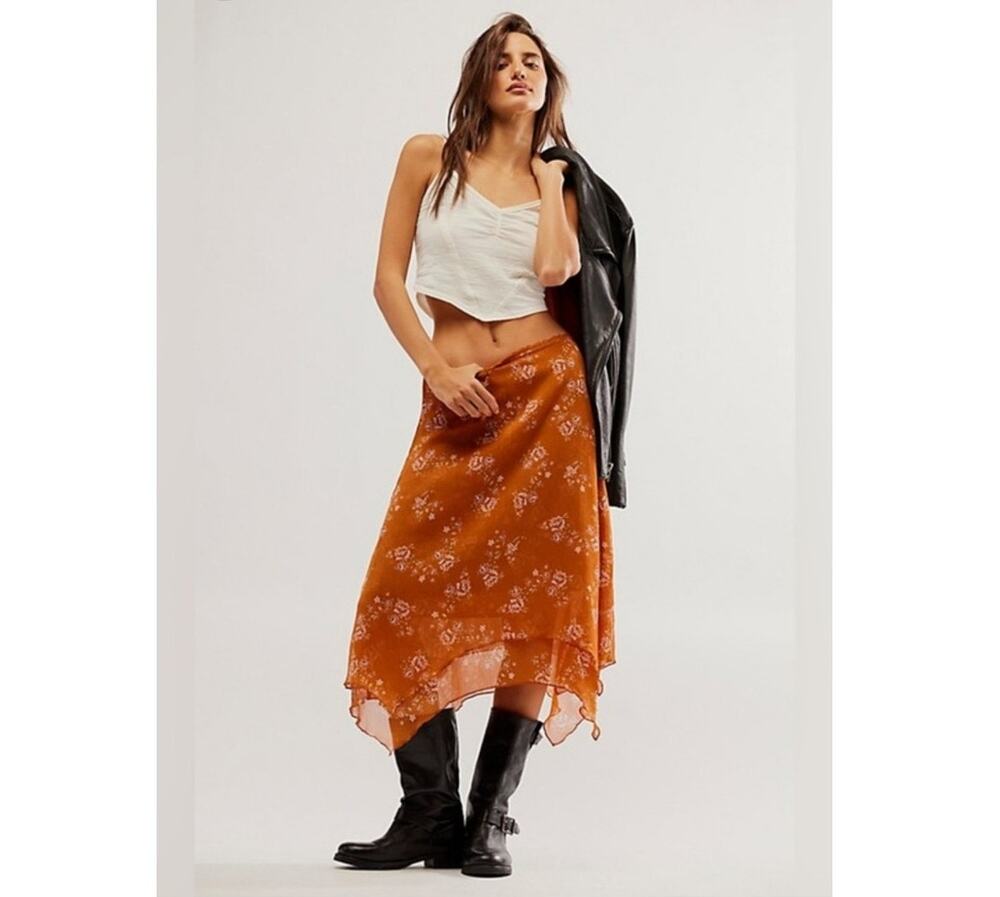 Free People Garden Party Skirt Caramel Orange Floral Handkerchief A-Line Large